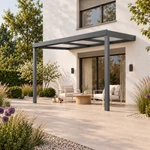 Terrassenüberdachung Plus 4,03 x 2,5 Meter Anthrazit Opal-Polycarbonat moderne Rinne – Kleiner Hund auf der Terrasse