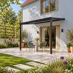 Terrassenüberdachung Plus 4 x 2,5 Meter Mattschwarz opales Polycarbonat moderne Rinne – Seitenansicht