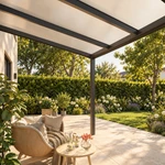 Terrassenüberdachung Plus 4 x 3 Meter Anthrazit Opal Polycarbonat moderne Rinne – Untersicht