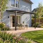 Terrassenüberdachung Plus 4 x 3 Meter Mattschwarz Opal Polycarbonat moderne Rinne – Gesamtansicht