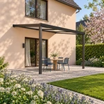 Terrassenüberdachung Plus 4 x 3,5 Meter Mattschwarz Opal Polycarbonat moderne Rinne – Gesamtansicht