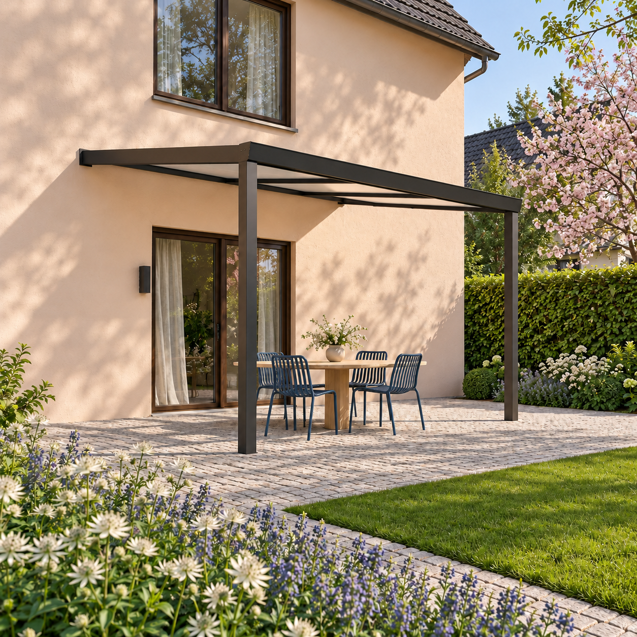 Terrassenüberdachung Plus 4 x 3,5 Meter Mattschwarz Opal Polycarbonat moderne Rinne – Gesamtansicht Terrassenüberdachung Plus 4 x 3,5 Meter Mattschwarz Opal Polycarbonat moderne Rinne – Gesamtansicht