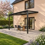 Terrassenüberdachung Plus 4 x 3,5 Meter Mattschwarz Opal Polycarbonat moderne Rinne – Seitenansicht