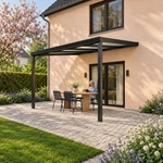 Terrassenüberdachung Plus 4,03 x 3,5 Meter Mattschwarz Opal-Polycarbonat moderne Rinne – Lesen auf der Terrasse