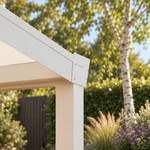 Terrassenüberdachung Plus 4,03 x 3,5 Meter Mattweiß Opal-Polycarbonat moderne Rinne – Eckdetail