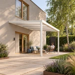Terrassenüberdachung Plus 4,03 x 3,5 Meter Mattweiß Opal-Polycarbonat moderne Rinne – Gartenleben
