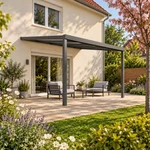 Terrassenüberdachung Plus 4 x 4 Meter Anthrazit Opal Polycarbonat moderne Rinne – Gesamtansicht