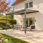 Terrassenüberdachung Plus 4,03 x 4,0 Meter Anthrazit Opal-Polycarbonat moderne Rinne – Kleiner Hund auf der Terrasse