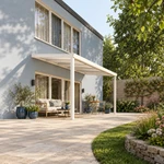 Terrassenüberdachung Plus 5,03 x 2,5 Meter Mattweiß Opal-Polycarbonat moderne Rinne – Gesamtansicht