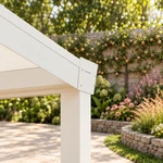 Terrassenüberdachung Plus 5,03 x 2,5 Meter Mattweiß Opal-Polycarbonat moderne Rinne – Eckdetail