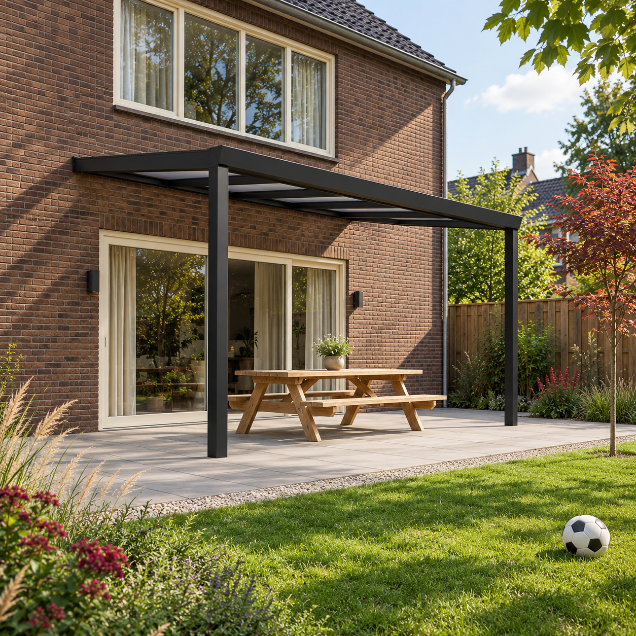 Terrassenüberdachung Plus 5,03 x 3,0 Meter Mattschwarz Opal-Polycarbonat moderne Rinne – Gesamtansicht Terrassenüberdachung Plus 5,03 x 3,0 Meter Mattschwarz Opal-Polycarbonat moderne Rinne – Gesamtansicht