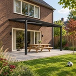 Terrassenüberdachung Plus 5,03 x 3,0 Meter Mattschwarz Opal-Polycarbonat moderne Rinne – Katze im Garten
