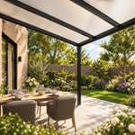 Terrassenüberdachung Plus 5 x 3,5 Meter Mattschwarz Opal Polycarbonat moderne Rinne – Untersicht