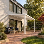 Terrassenüberdachung Plus 5,03 x 3,5 Meter Mattweiß Opal-Polycarbonat moderne Rinne – Gartenblick