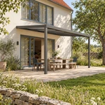 Terrassenüberdachung Plus 5 x 4 Meter Anthrazit Opal Polycarbonat moderne Rinne – Gesamtansicht