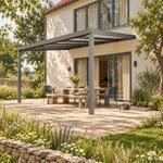 Terrassenüberdachung Plus 5,03 x 4,0 Meter Anthrazit Opal-Polycarbonat moderne Rinne – Katze auf der Terrasse
