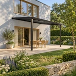Terrassenüberdachung Plus 5 x 4 Meter Mattschwarz opales Polycarbonat moderne Rinne – Gesamtansicht