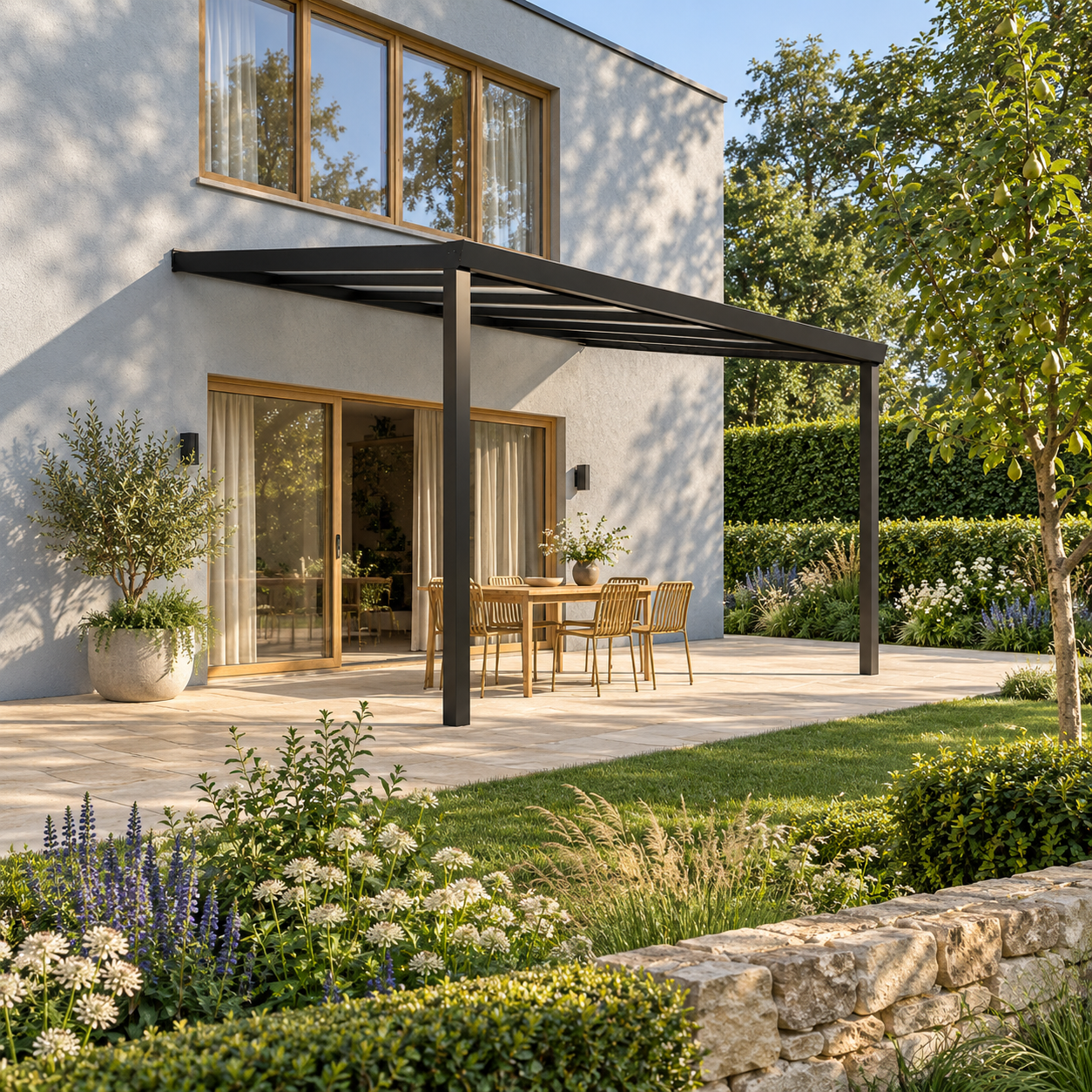 Terrassenüberdachung Plus 5 x 4 Meter Mattschwarz opales Polycarbonat moderne Rinne – Gesamtansicht Terrassenüberdachung Plus 5 x 4 Meter Mattschwarz opales Polycarbonat moderne Rinne – Gesamtansicht