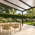 Terrassenüberdachung Plus 5 x 4 Meter Mattschwarz opales Polycarbonat moderne Rinne – Unteransicht