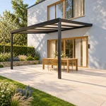 Terrassenüberdachung Plus 5 x 4 Meter Mattschwarz opales Polycarbonat moderne Rinne – Seitenansicht