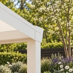 Terrassenüberdachung Plus 5,03 x 4 Meter Mattweiß Opal-Polycarbonat moderne Rinne – Eckdetail