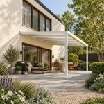 Terrassenüberdachung Plus 5,03 x 4 Meter Mattweiß Opal-Polycarbonat moderne Rinne – Gartenblick