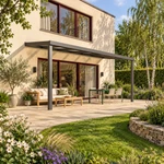 Terrassenüberdachung Plus 6 x 2,5 Meter Anthrazit opales Polycarbonat moderne Rinne – Gesamtansicht