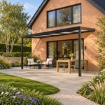 Terrassenüberdachung Plus 6 x 2,5 Meter Mattschwarz opales Polycarbonat moderne Rinne – Seitenansicht