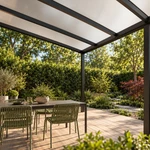 Terrassenüberdachung Plus 6,03 x 3,5 Meter Mattschwarz Opal-Polycarbonat moderne Rinne – Ansicht unter dem Dach