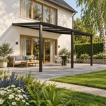 Terrassenüberdachung Plus 6 x 4 Meter Mattschwarz opales Polycarbonat moderne Rinne – Gesamtansicht