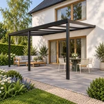 Terrassenüberdachung Plus 6 x 4 Meter Mattschwarz opales Polycarbonat moderne Rinne – Seitenansicht