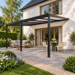 Terrassenüberdachung Plus 6 x 4 Meter Mattschwarz opales Polycarbonat moderne Rinne – Gartenblick