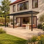 Terrassenüberdachung Plus 7 x 2,5 Meter Mattschwarz opales Polycarbonat moderne Rinne – Seitenansicht