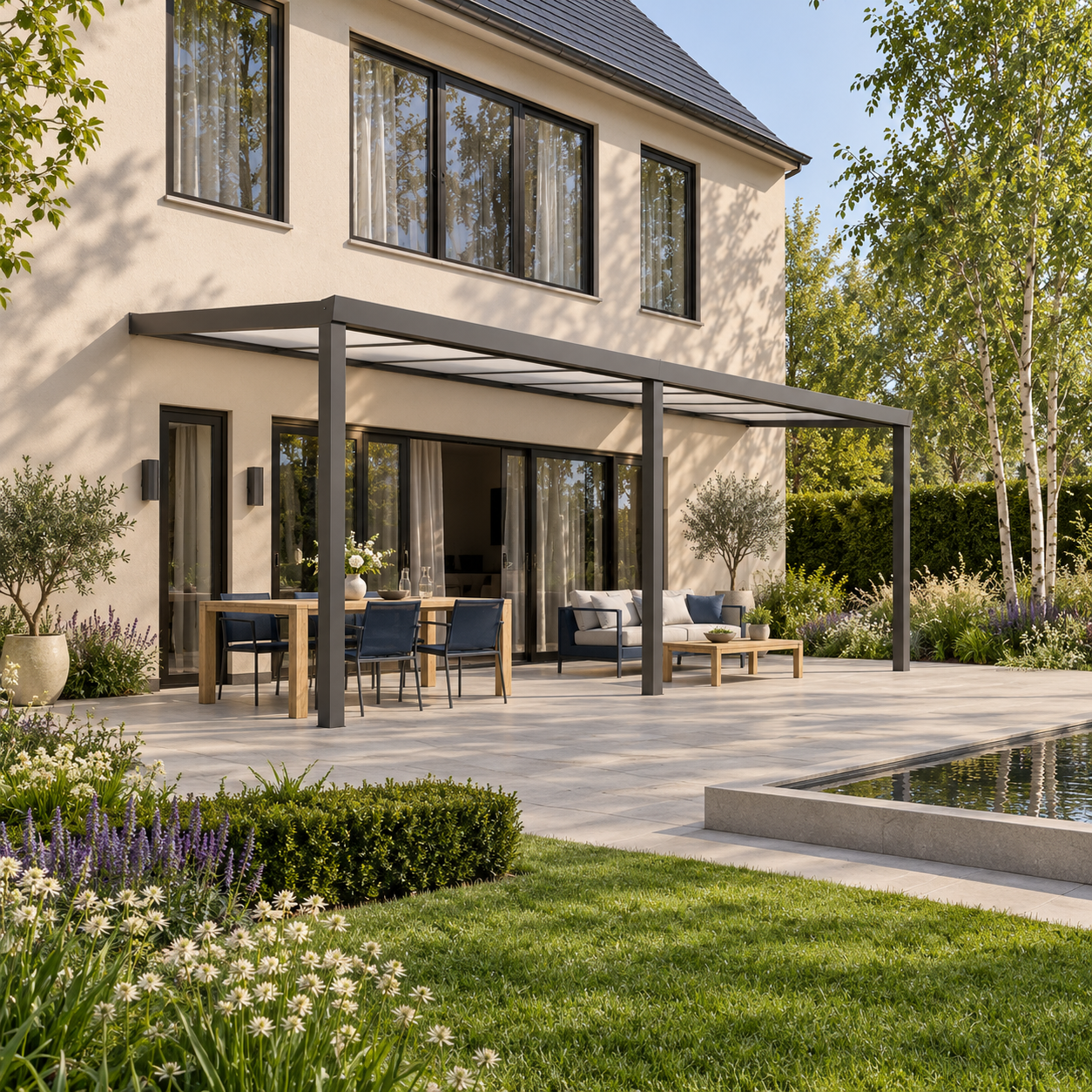 Terrassenüberdachung Plus 7 x 3 Meter Anthrazit Opal Polycarbonat moderne Rinne – Gesamtansicht Terrassenüberdachung Plus 7 x 3 Meter Anthrazit Opal Polycarbonat moderne Rinne – Gesamtansicht