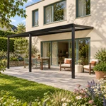 Terrassenüberdachung Plus 7 x 3 Meter Mattschwarz opales Polycarbonat moderne Rinne – Seitenansicht