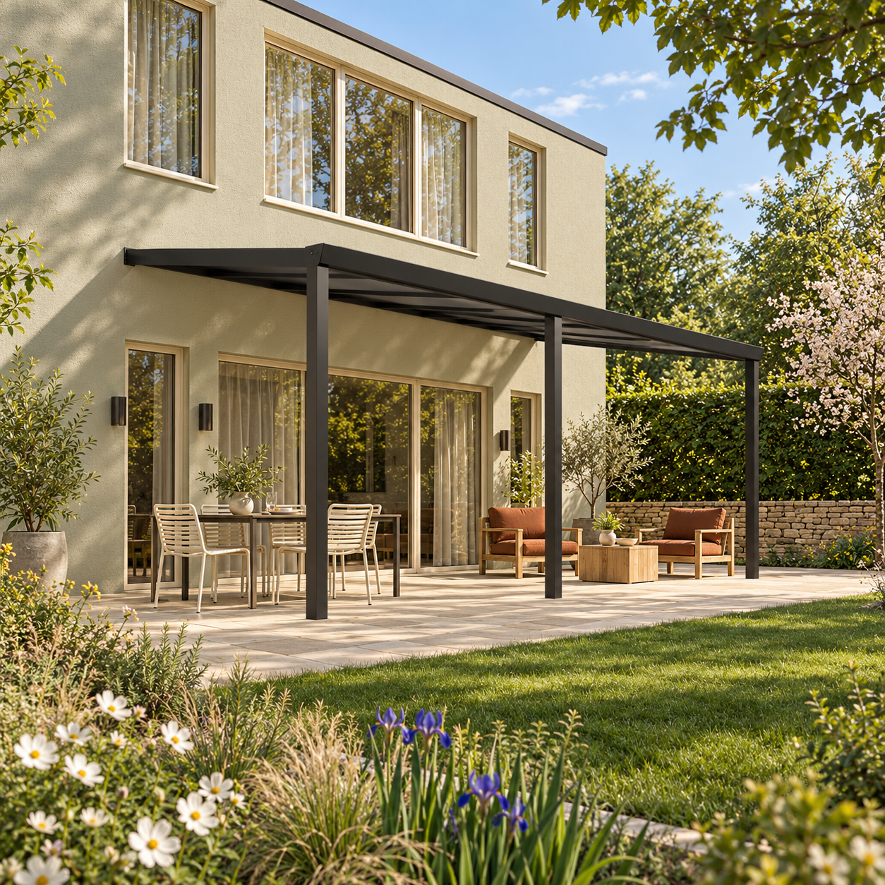 Terrassenüberdachung Plus 7 x 3,5 Meter Mattschwarz opales Polycarbonat moderne Rinne – Gesamtansicht Terrassenüberdachung Plus 7 x 3,5 Meter Mattschwarz opales Polycarbonat moderne Rinne – Gesamtansicht
