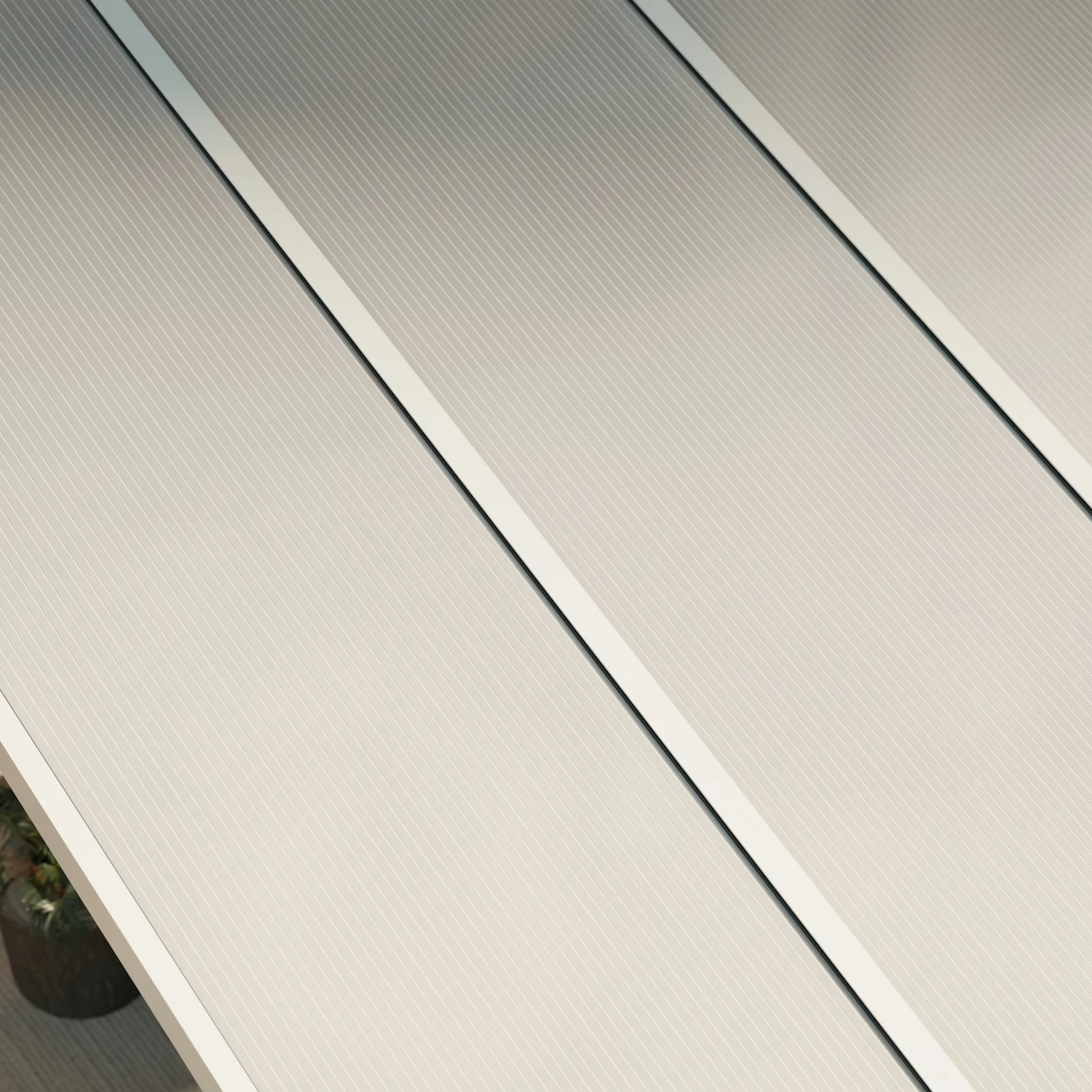 Terrassenüberdachung Plus 7 x 4 Meter Mattweiß opales Polycarbonat moderne Rinne – Dachansicht