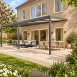 Terrassenüberdachung Plus 8 x 3,5 Meter Anthrazit opales Polycarbonat moderne Rinne – Seitenansicht