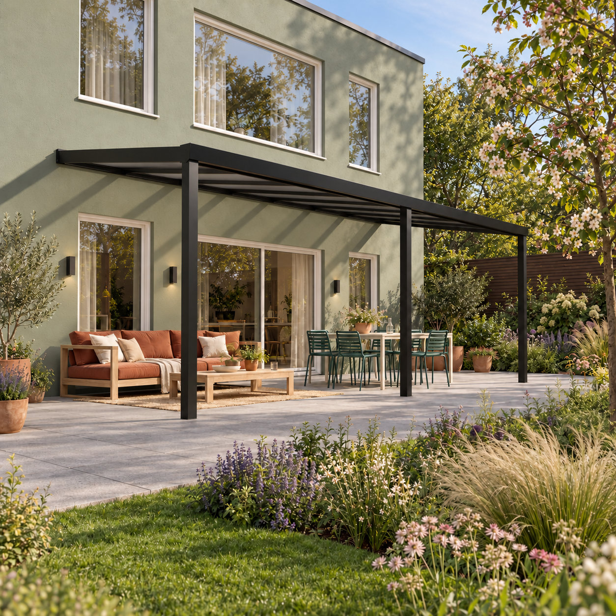 Terrassenüberdachung Plus 8 x 3,5 Meter Mattschwarz opales Polycarbonat moderne Rinne – Gesamtansicht Terrassenüberdachung Plus 8 x 3,5 Meter Mattschwarz opales Polycarbonat moderne Rinne – Gesamtansicht