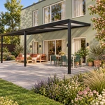 Terrassenüberdachung Plus 8 x 3,5 Meter Mattschwarz opales Polycarbonat moderne Rinne – Seitenansicht