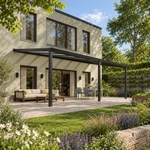Terrassenüberdachung Plus 8 x 4 Meter Mattschwarz opales Polycarbonat moderne Rinne – Gesamtansicht