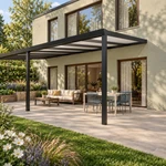 Terrassenüberdachung Plus 8 x 4 Meter Mattschwarz opales Polycarbonat moderne Rinne – Seitenansicht
