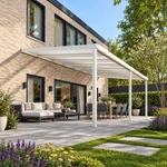 Terrassenüberdachung Plus 8,03 x 4,0 Meter Mattweiß Opal-Polycarbonat moderne Rinne – Gesamtansicht