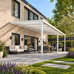 Terrassenüberdachung Plus 8,03 x 4,0 Meter Mattweiß Opal-Polycarbonat moderne Rinne – Gartenblick