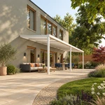 Terrassenüberdachung Plus 9,03 x 3 Meter Mattweiß Opal-Polycarbonat moderne Rinne – Gesamtansicht
