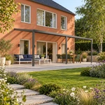 Terrassenüberdachung Plus 9 x 3,5 Meter Anthrazit opales Polycarbonat moderne Rinne – Gesamtansicht