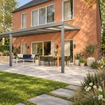 Terrassenüberdachung Plus 9 x 3,5 Meter Anthrazit opales Polycarbonat moderne Rinne – Seitenansicht