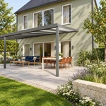 Terrassenüberdachung Plus 9 x 4 Meter Anthrazit opales Polycarbonat moderne Rinne – Seitenansicht