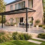 Terrassenüberdachung Plus 9 x 4 Meter Mattschwarz opales Polycarbonat moderne Rinne – Seitenansicht