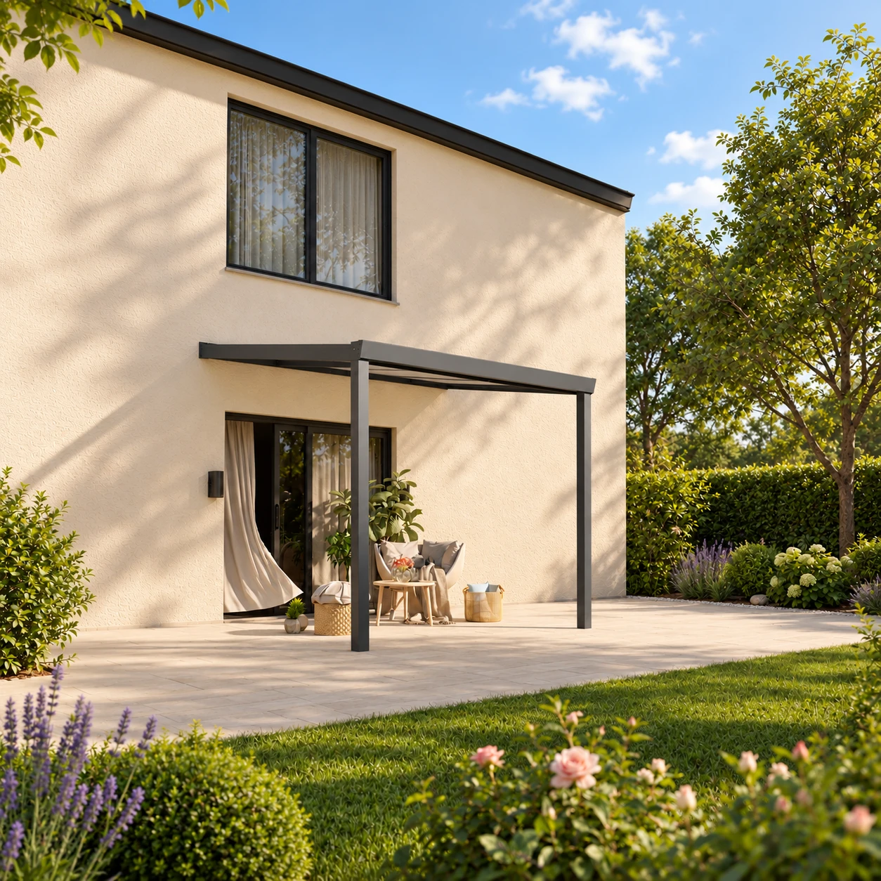 Terrassenüberdachung Plus 3 x 3 Meter Anthrazit Opal Polycarbonat moderne Rinne – Gesamtansicht Terrassenüberdachung Plus 3 x 3 Meter Anthrazit Opal Polycarbonat moderne Rinne – Gesamtansicht